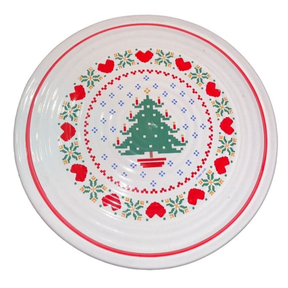 Vtg Treasure Craft Pottery Cross Stitch Farmhouse Christmas Tree Hearts Trivet